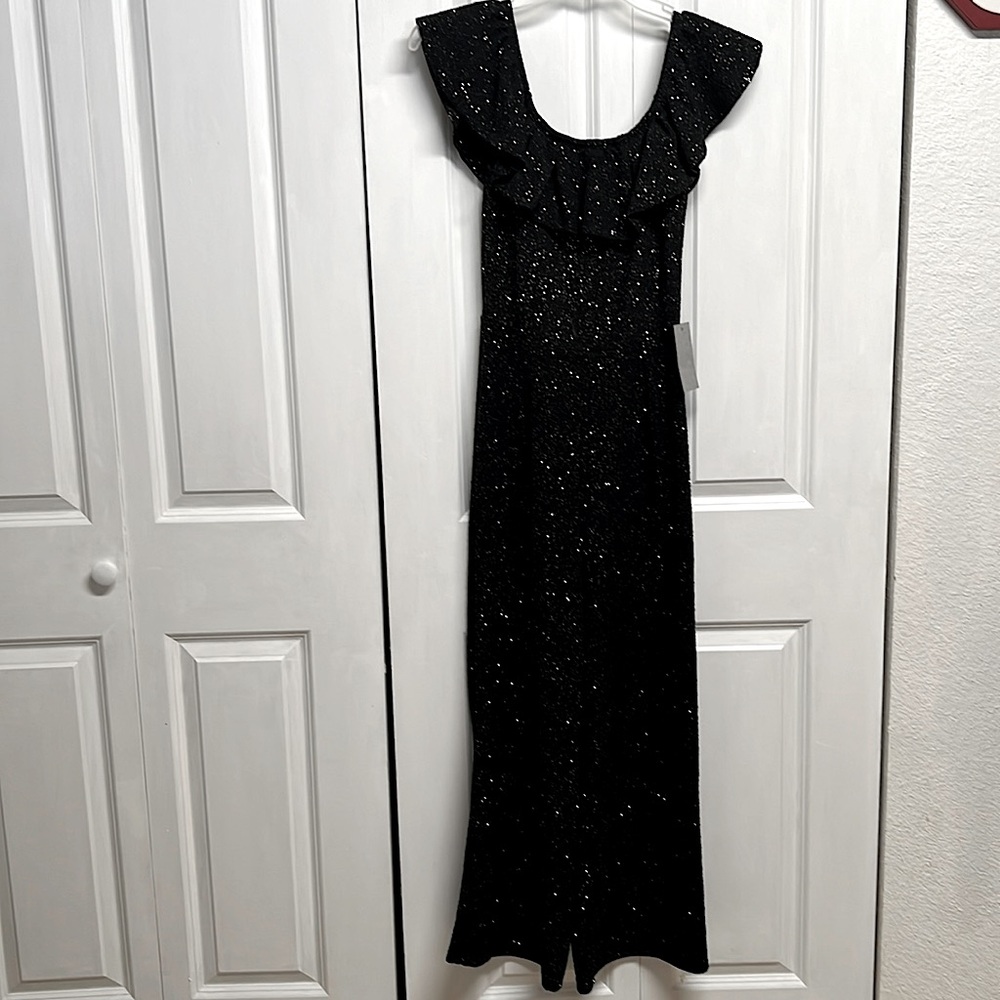 J For Justify Black Silver Sparkling Off Shoulders Sleeve Jumpsuit Size M NWT